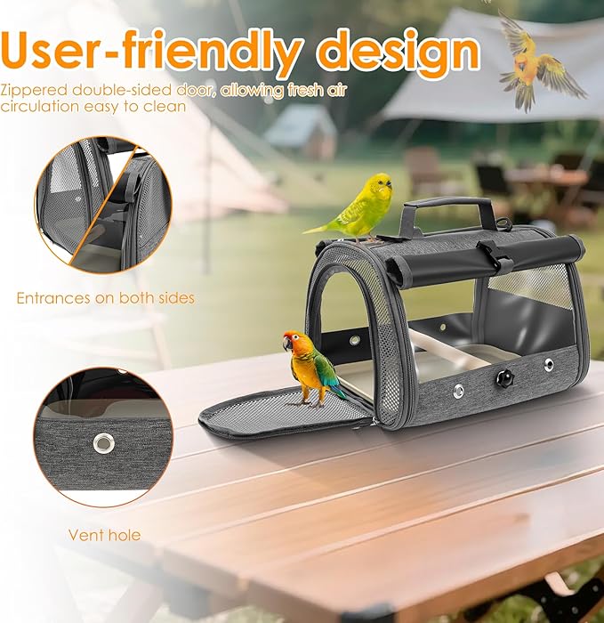 Bird Carrier Bird Travel Cage with Standing Perch Mesh Travel Bag with Clear Windows Lightweight and Portable Parrot Carrier Parakeet Cage for Hiking Camping