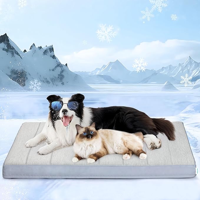 Cooling Dog Bed for 2XL Large Dogs - Orthopedic Pet Beds with Memory Foam, QMAX>0.5, Waterproof Removable Washable Cover for Hot Weather, Gery, 47" L x 29" W x 3" H