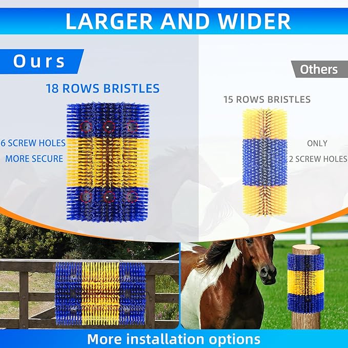Extra Large Size Livestock Scratching Brush, Upgraded Horse/Goat/Cow/Cattle Scratcher Brush for Grooming, Itch Relief Horse Scratcher Brushes Kit with Two Sets of Mounting Screws(4-Pack,Yellow)