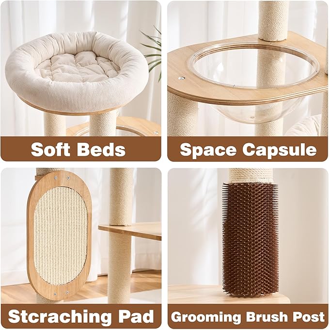 Modern Cat Tree Tower with Scratching Post for Indoor, Solid Wood Multifunctional Cat Tree Tower with Soft Bed, Space Capsule, Sisal Scratching Board, Grooming Post, Dangling Ball