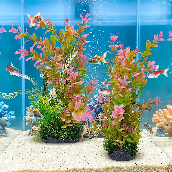 kathson 2Pcs Plastic Aquarium Plants 12.6 Inch Artificial Fish Tank Plants Large Aquarium Decorations Fake Seaweed Tall Fish Tank Decorations (Pink)