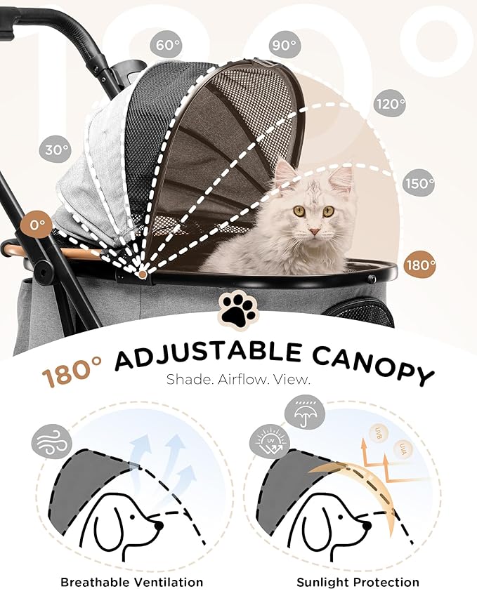 GTPLAYER Pet Stroller for Dogs & Cats, 3-in-1 Foldable Pet Strollers with Detachable Carrier, 360° Swivel Front Wheels & Rear Brakes, Up to 45 lbs, Grey