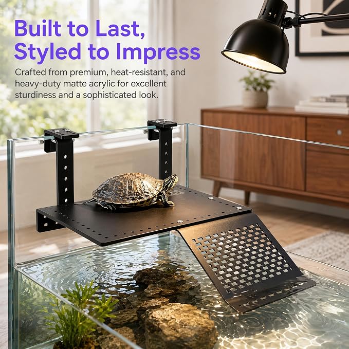Turtle Basking Platform, Adjustable, Acrylic, Non-Slip Ramp, 0.3"–2" Rim | Heat-resistant acrylic, stable non-fall basking platform, adjustable height, fits 0.3–2" rims, draining anti-slip ramp