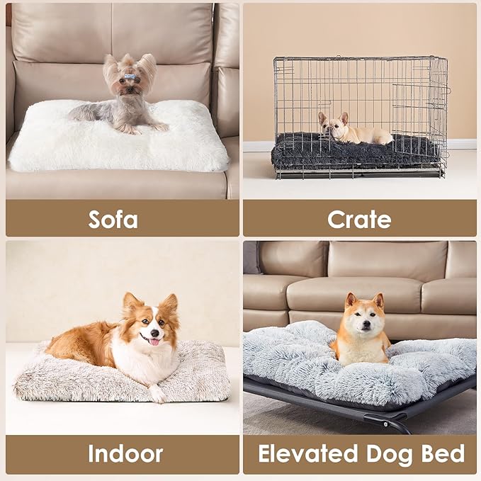 EHEYCIGA Fluffy Dog Crate Bed for Medium Dogs, Plush Faux Fur Crate Pad, Calming Anti Anxiety Medium Dog Bed, Washable Soft Warm Mat with Non-Slip Bottom, Brown