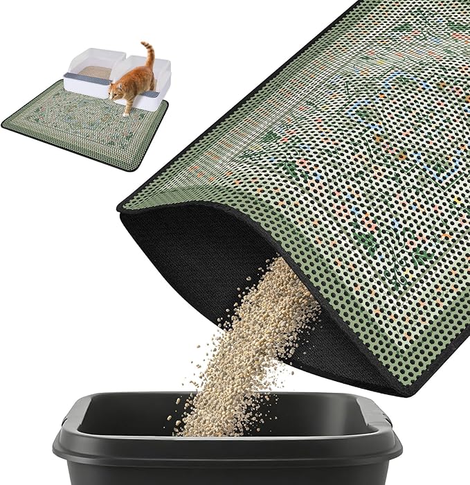 Bienbee Cat Litter Mat, 30"x24" Litter Mat Double Layer Litter Trapping Mat, Reduces Tracking and Keeps Floors Clean,Bean-Green Retro Floral L