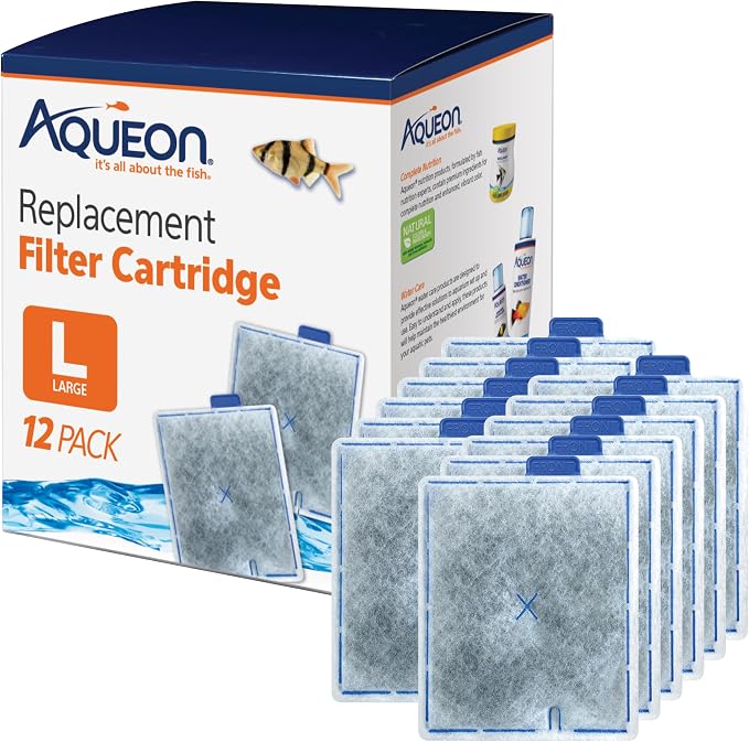 Aqueon Replacement Filter Cartridges Large - 12 Pack | Aquarium filter cartridge with dual-sided dense-floss, activated carbon, and FRONT tab for easy installation