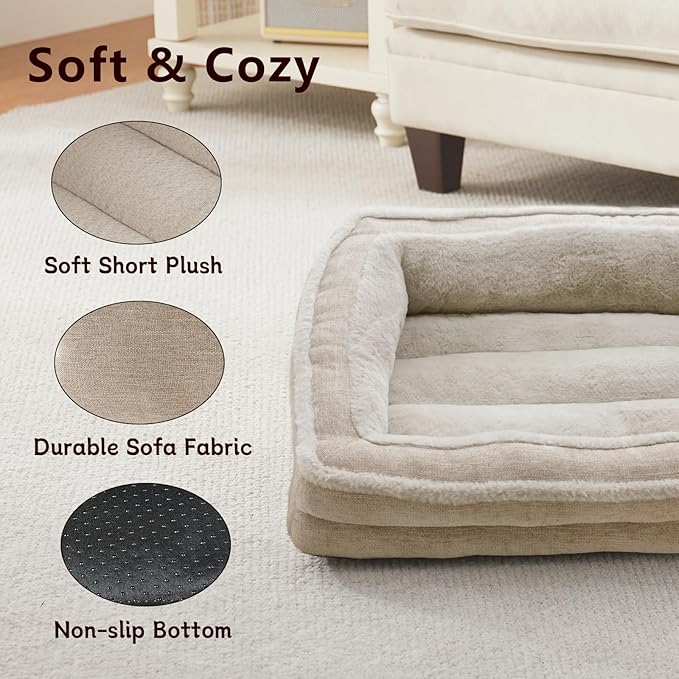 Laojin Balhen Cat Couch for Pets, Washable Cat Beds for Indoor Cats, Super Soft Plush Supportive Dog Couch Bed for Puppy and Kitten with Anti-Slip Bottom, 26inch, Beige