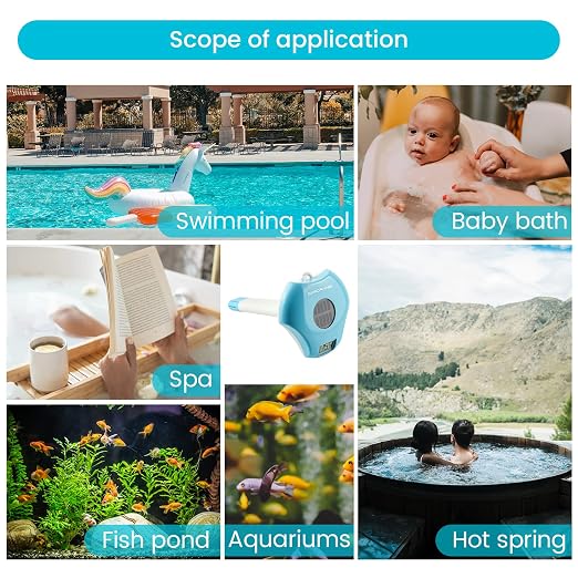 Circrane Solar Digital Pool & Spa Thermometer, Weather Resistant Floating Thermometer, IPX-8 Water Proof, 10s Measuring Cycle, Solar Powered with 270 Days Battery Life, Blue