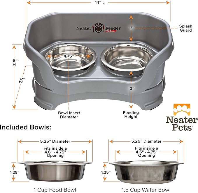 Neater Pet Brands Neater Feeder Deluxe Mess Proof Cat Bowls Elevated, Made in USA, No Spill Raised Bowls for Indoor Cats, Stainless Steel Food and Water Bowl Set, Pet Dish Feeding Station, Gunmetal