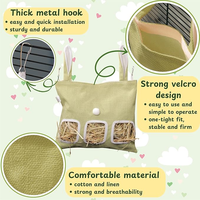 Cute Hanging Rabbit Hay Feeder Bag, Guinea Pig Hay Bag, Bunny Feeders Holder Storage For Small Pets Bunnies Chinchilla Hamster Rats, Guinea Pig Accessories For Cage, Bunny Accessories For Cage (Green)