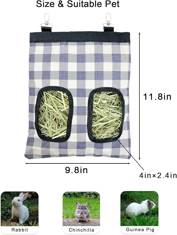 Rabbit Hay Feeder Bag, Large Capacity Rabbit Hay Bag Small Animal Hanging Hay Bag 600D Oxford Cloth Bunny Hay Feeder Bag for Rabbits Guinea Pigs Chinchillas (Plaid-2 Holes-2Pcs)