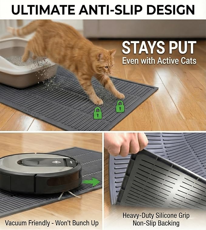 Large Cat Litter Mat: Silicone Litter Trapping Mat for Litter Box - Easy to Clean Waterproof & Anti-Slip Soft Rubber Mat - Durable Design Traps Pellet & Clay Litter