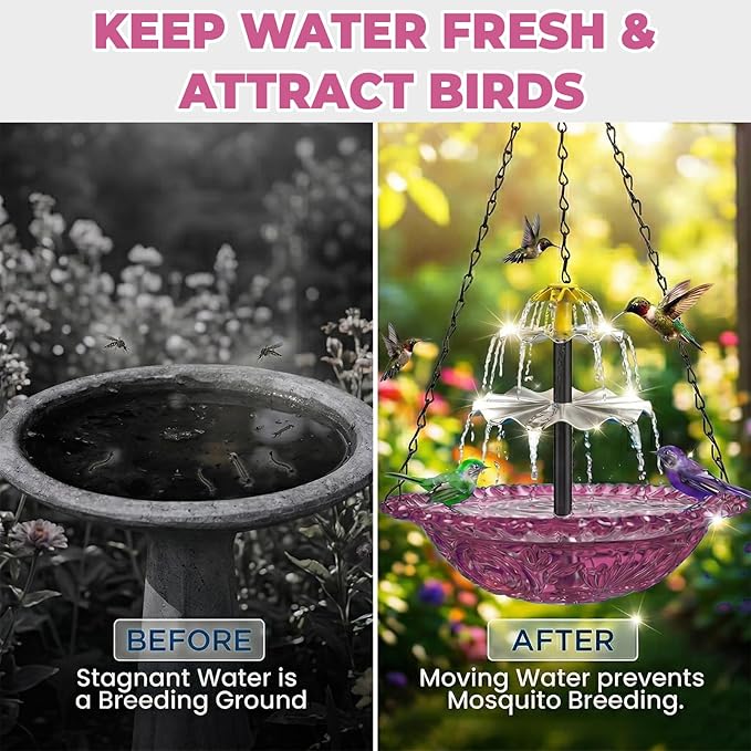 Solar Fountain for Bird Bath, Hanging Cascade Water Feature for Outdoor Garden & Yard Decor, Creates a Relaxing Flow that Attracts Birds (Purple)