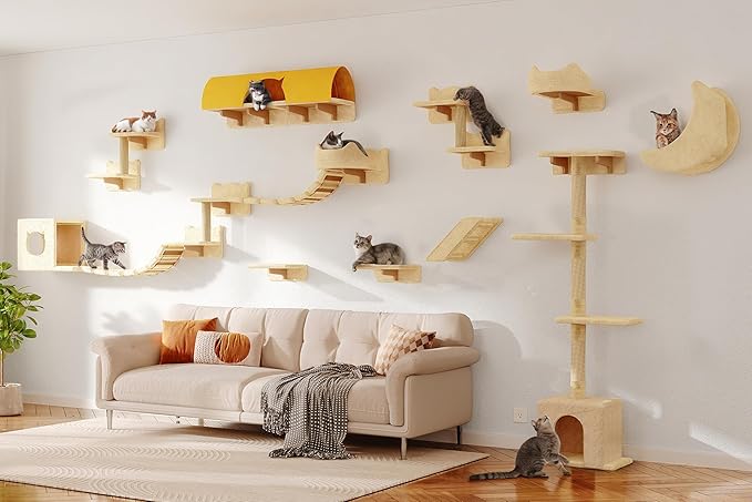 Cat Wall Shelves with Cat Tree, 26-in-1 Wall Mounted Pet Furniture with 40''L Tunnel, Scratching Posts, House, Step and Floating Bridge, Cat Climbing Wall Systems with 63'' Cats Tower, Beige