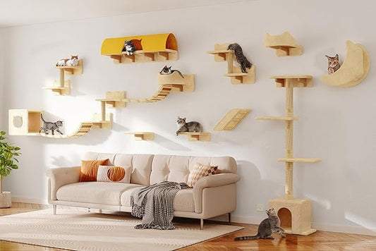 Cat Wall Shelves with Cat Tree, 26-in-1 Wall Mounted Pet Furniture with 40''L Tunnel, Scratching Posts, House, Step and Floating Bridge, Cat Climbing Wall Systems with 63'' Cats Tower, Beige