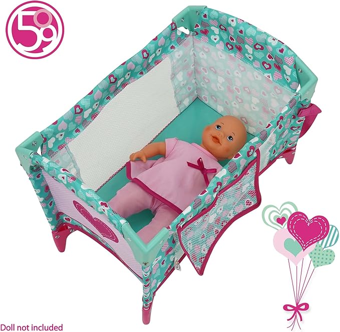 509 Crew: Mint Heart - Dream n' Fun Doll Play Yard - Pink & Green, Portable Sleep Crib, Storage Pockets, Toys-Dolls-Stuffed Animals Accessory, Kids 3+