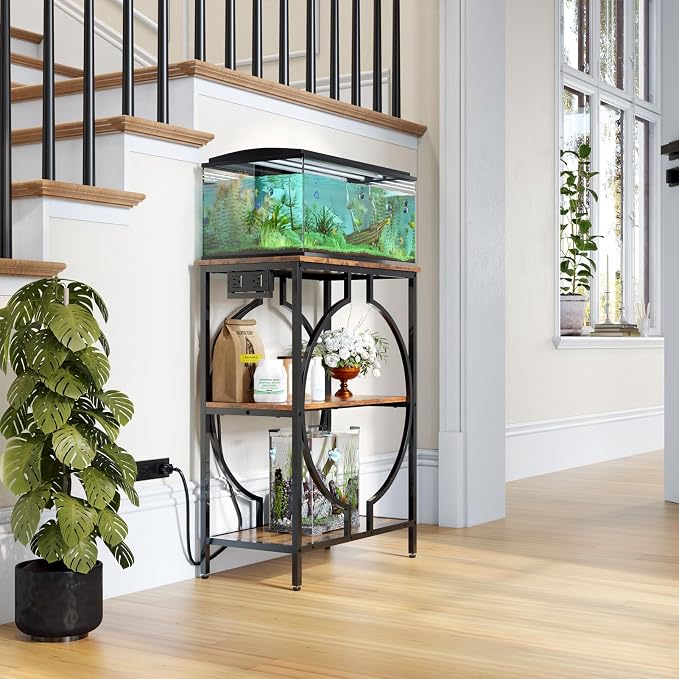 HavenlyYouth 10 Gallon Aquarium Stand with Power Outlet, 3 Tier Heavy Duty Metal Fish Tank Stand with Storage, Fish Tank Table for Home Office, 21.3" x 11.8" x 29", Rustic Brown
