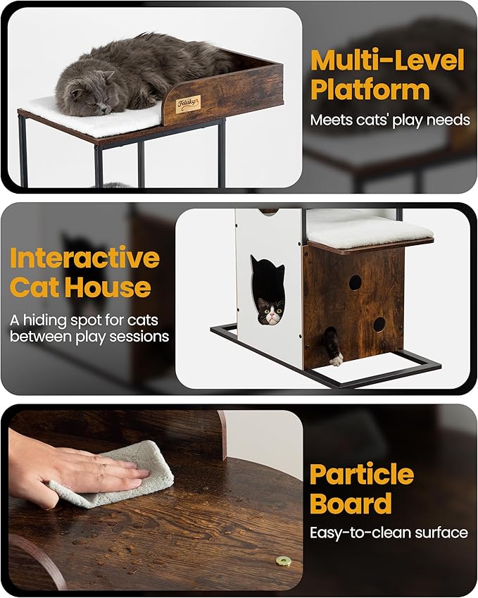 Wood Cat Tree Tower, 84 Inch Modern Extra Tall Cat Condo Trees for Indoor Cats Large Adult, XL Multi-Level Heavy Duty Wooden Sturdy Cat House Furniture with Platform Perch Bed Scratching Post