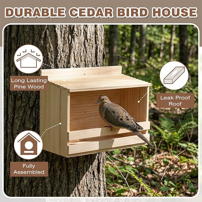 Briwooody Wooden Open Mourning Dove Nesting Box for Outside Dove Bird House 11 H x 14 W x 6 L Inches Bird Nesting and Roosting Platform Hanging Birdhouse Garden Decoration (Flat Roof, Light Brown)