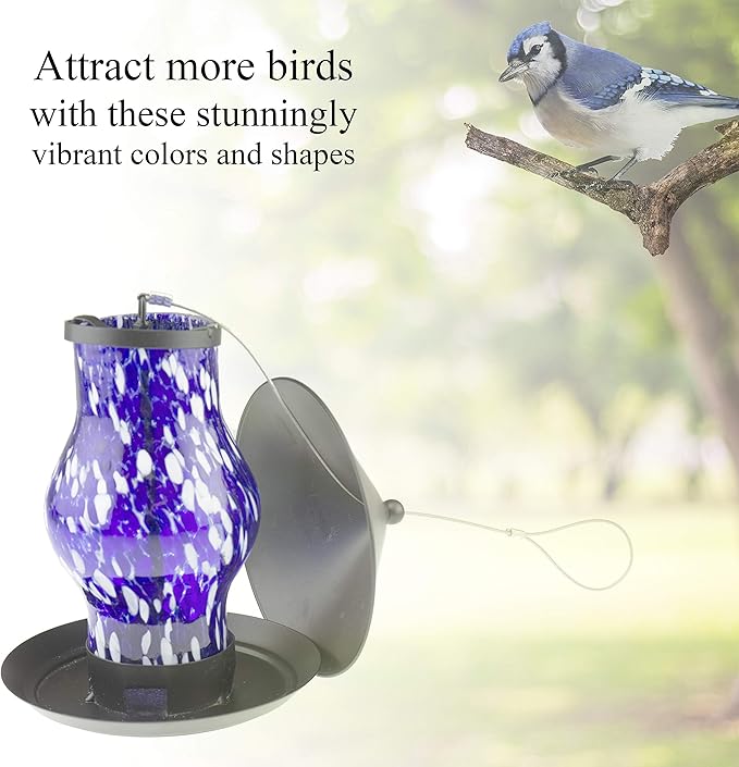 CLEVER GARDEN Glass Bird Feeder, Hanging Outdoor Decoration for Wild Birds, Blue Cylinder
