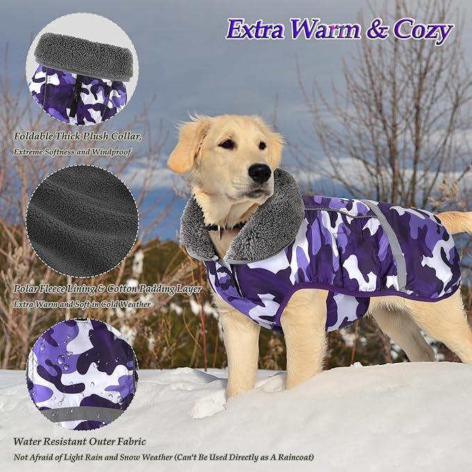 Dogcheer Warm Dog Coat, Waterproof Dog Jacket Christmas Puppy Winter Coat with Buckle, Reflective Adjustable Pet Snow Jacket Turtleneck Fleece Sweater for Small Medium Large Dogs - Camo Purple, M