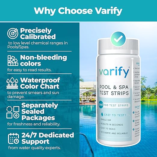 7 in 1 Pool and Spa Test Strips- Easy to Use Water Testing Kit for Pool, Spa, Hot Tub & More - Tester Strip for Water Hardness, Chlorine, Bromine, pH, Alkalinity and Cyanuric Acid (100 Strips)