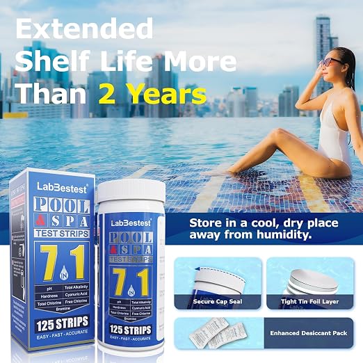 Pool Test Strips Spa Hot Tub Pool Water Testing Kit (7-Way) | Swimming Pool Water Tester Strips Kit - Rapid Accurate Easy to Test pH, Hardness, Cyanuric Acid, Chlorine, Bromine, and More
