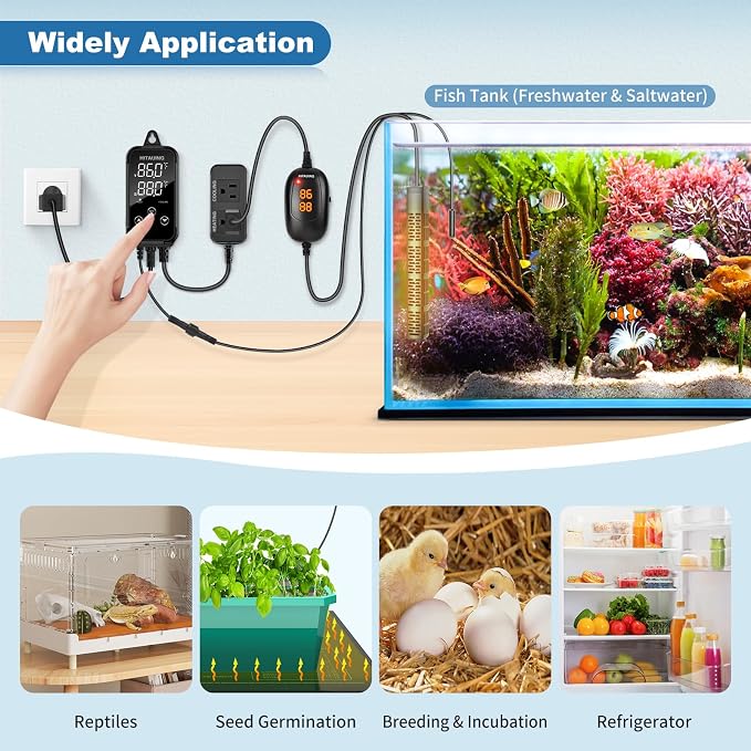 HiTauing Digital Temperature Controller, Aquarium Heater Reptile Thermostat Heating and Cooling Dual Outlet with Seawater-Resistant Probe for Fish Tanks, Reptile Tanks, Greenhouse & Seedling Mat