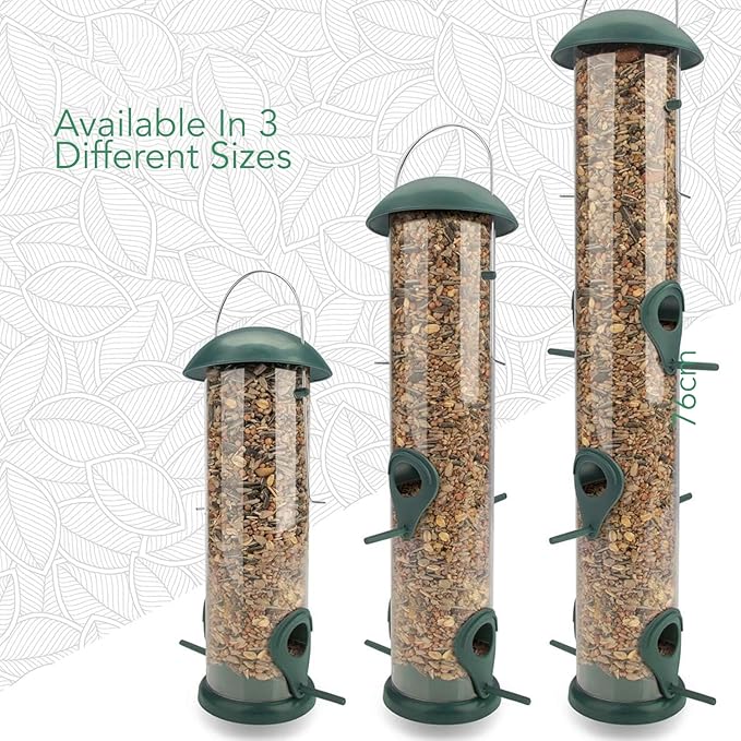 WILDLIFE FRIEND Green Grain Bird Feeder 12 Inches - With 4 Landing Spots for Birds - Hanging Bird Feeding Station - Grains Feeding Column - Wild Bird Feed Silo - Tube Bird Feeders for Outdoors Hanging