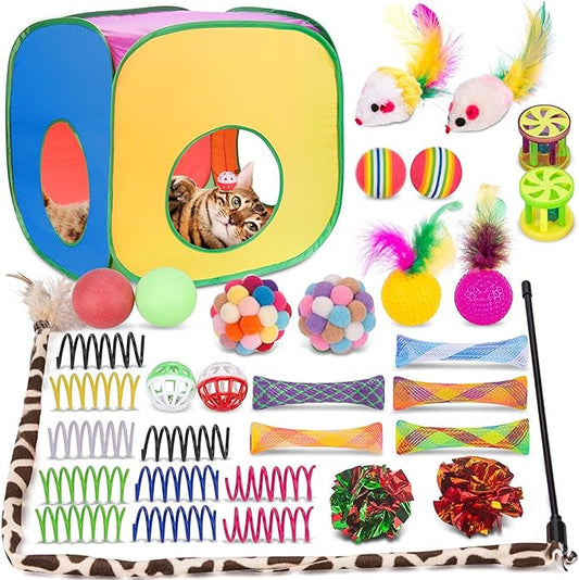 Retro Shaw Cat Toys Set, 33 Pack, Interactive Kitten Toys for Indoor Cats Kitty with Collapsible Cat Tunnel Tube Tent Feather Wand Teaser Bell Fuzzy Pompom Crinkle Ball Springs Mice Toys