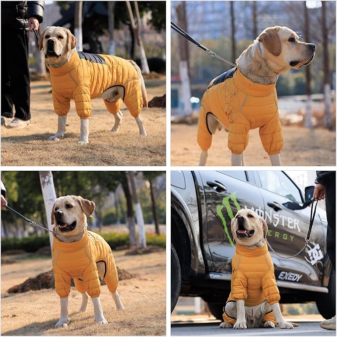 Warm Dog Coat, 4 Legs Covered Waterproof Windproof Reflective Jacket, Zippered Adjustable Outdoor Snow Vest for Small Medium Large Dogs Yellow XXXXL