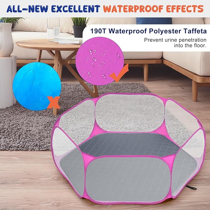 Pawaboo Small Animals Playpen with Pad, Waterproof Small Pet Cage Tent with Reusable Pad, Portable Outdoor Yard Fence for Chick/Kitten/Puppy/Guinea Pig/Rabbits/Chinchillas, Pink + Gray