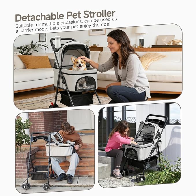 Pet Stroller for Small Dogs and Cats with 4 Wheels, 3 in 1 Foldable Dog Stroller with Detachable Carrier, Breathable Mesh, Storage Basket & Cup Holder, Up to 33 lbs
