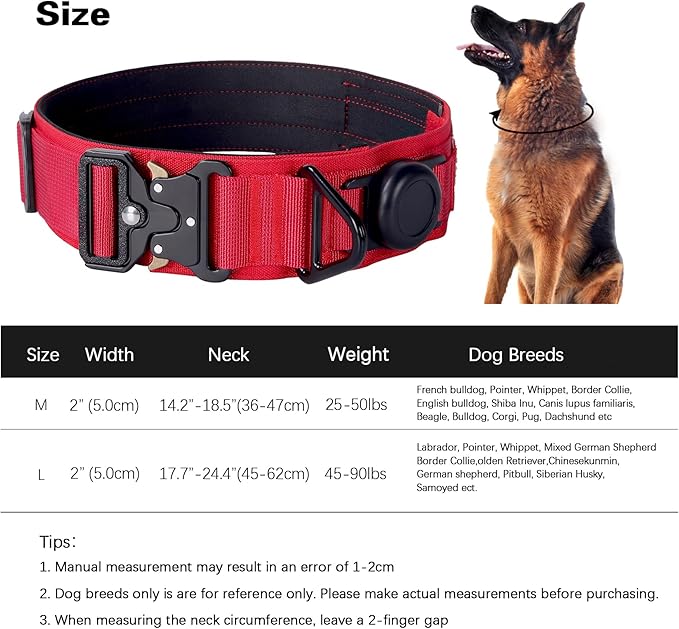 AirTag Dog Collar, 2" Wide Tactical Military Dog Collar with AirTag Holder & 3 Pet Patches, Soft Padded Reflective Waterproof Nylon Collar with Metal Buckle for Medium Dogs (Red, M)