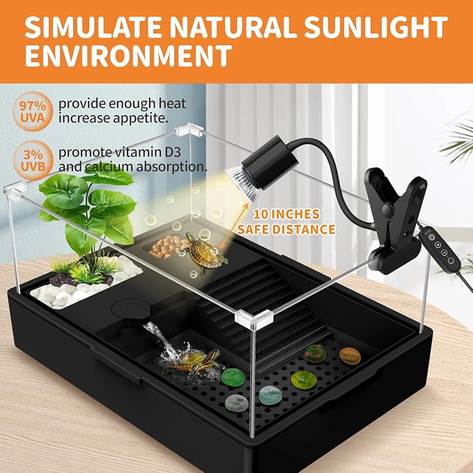 GOZILLA Reptile Heat Lamp, Turtle Lamp with 360° Goose Neck Rotatable Timing & Dimming Cycle Timer, 25W+50W UVA/UVB Reptile Light Bulbs for Reptiles and Amphibian Tanks, Terrariums and Cages.(Black)