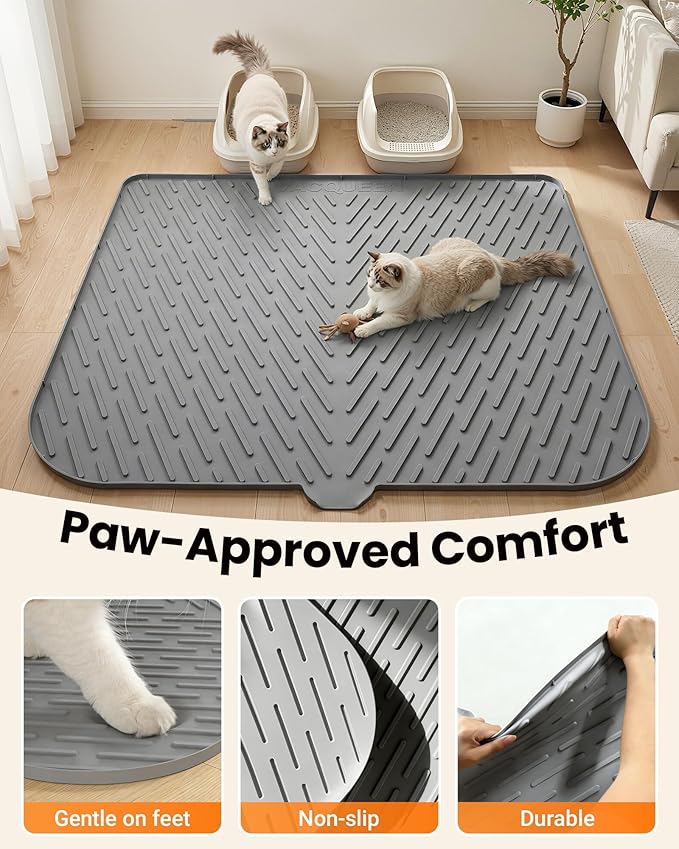 Cat Litter Box Mat, 47" x 37" Extra Large Cat Litter Mat, Silicone Waterproof Litter Trapping Mat for Scatter Control Soft on Kitty Paws Non-Slip Easy to Clean（Grey)