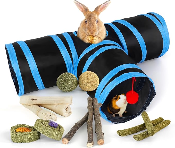 Bunny Tunnels & Tubes Collapsible 3 Way Rabbit Hideout with 13pcs Toys for Bunny Guinea Pig Hamster Chinchilla Hedgehog Rat Ferret Kitten (BK&BU)