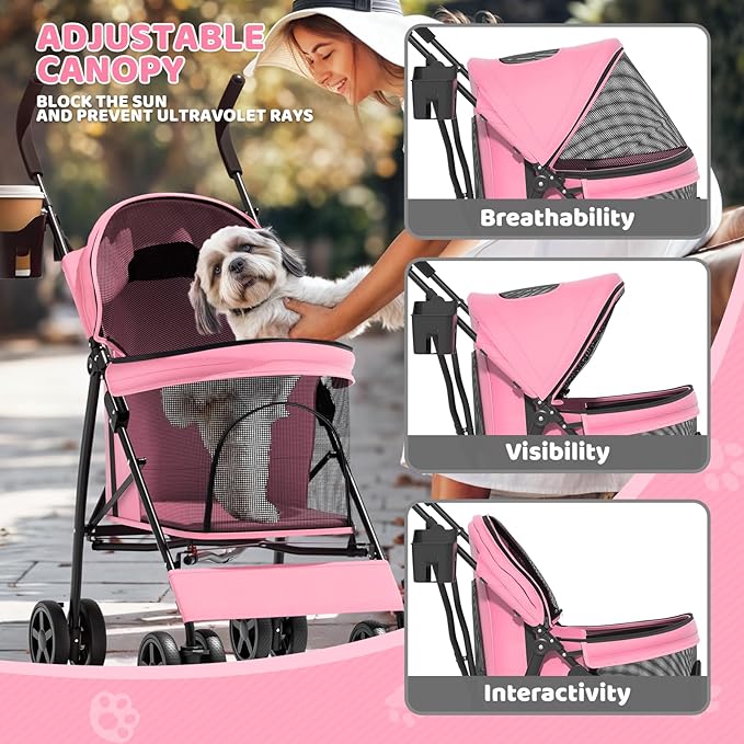 Magshion Compact Pet Stroller for Small-Medium Dogs/Cats up to 22lbs, 4-Wheel Lightweight Umbrella Shaped Portable Puppy Travel Jogger with Breathable Mesh & Rear Storage, Pink
