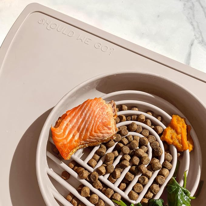 Should We Go? Slow Feeder for Dogs & Cats, The Slowdown Bowl Silicone Slow Eating, Modern Lick Mat Design, Reduces Gulping, Fits 2 Cups, 7.5” Across x 1.5” Tall, Mealtime Challenge, Medium-Sand