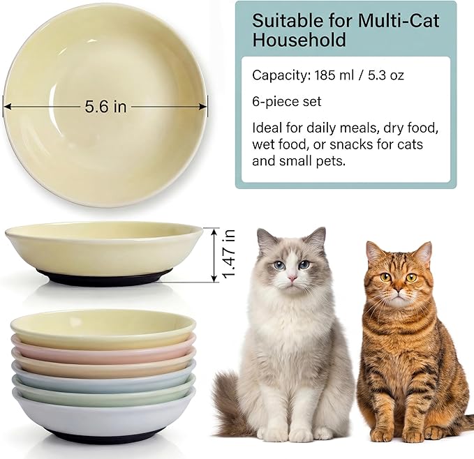 Ceramic Cat Food Bowls 6 Pack – Shallow Cat Bowl with Non-Slip Silicone Base, Whisker-Fatigue Dishes for Indoor Cats – Microwave Dishwasher Safe – 5.3 oz Colorful Pet Plates for Wet Dry Food Water