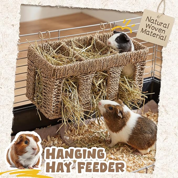 Sliner 2 Pcs Natural Seagrass Five Arch Guinea Pig Hay Feeder, Guinea Pig Rabbit Hay Rack Holder with Metal Hanging Hook for Bunny Chinchillas, Small Animal Cage Accessories, Pet Gifts, Less Wasted