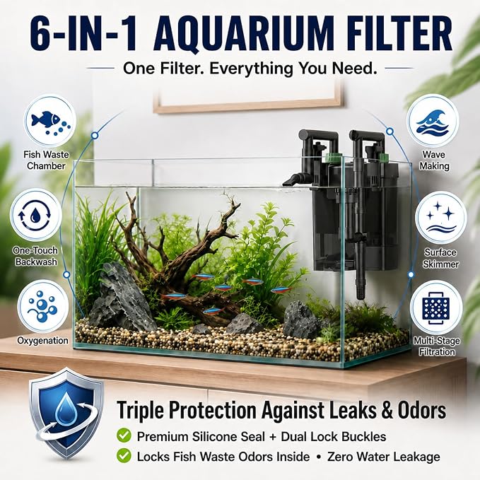 Hang on Back Aquarium Filter with Surface Skimmer, Backwash function | 2-Stage Filtration Fish Tank Filter|Power Filter for 8-10 Gallon|Waste Sump Chamber|Advanced Aquarists & Beginners