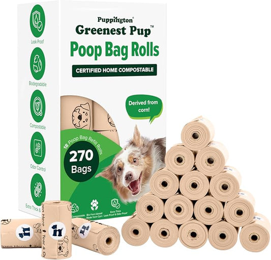 Puppington Certified Home Compostable Poop Bags - ASTM D6400 Compliant - 270 Extra Thick Bags - Plant Based - Pairs with Puppington 3-in-1 Bag & Fits all Standard Poop Bag Dispensers (Latte Beige)