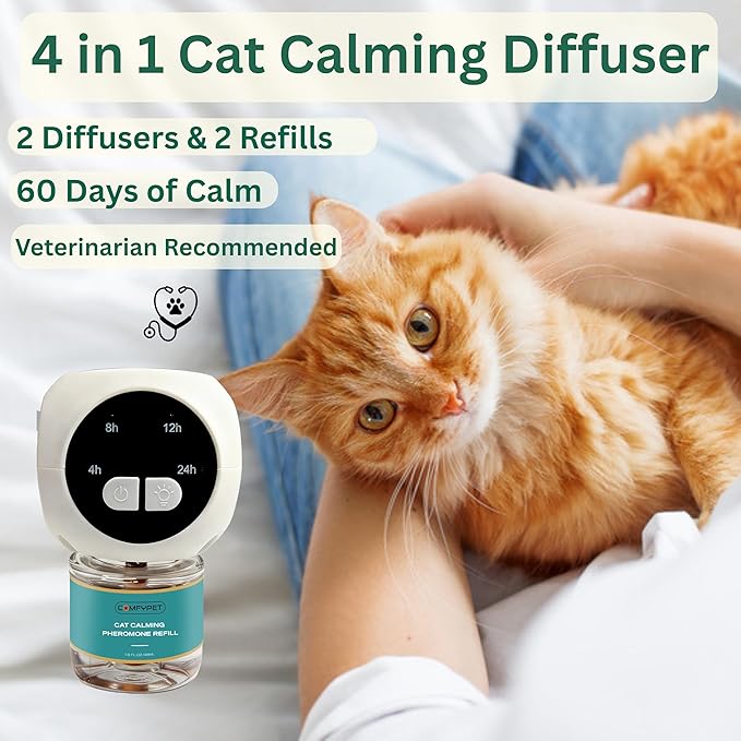 60-Day Cat Calming Diffuser Kit – 2-Pack | 2 Pheromone Diffuser + 2 Refills (48ml Each) | Reduces Anxiety, Spraying, Scratching & Meowing | Timer Modes to Extend Refill Life