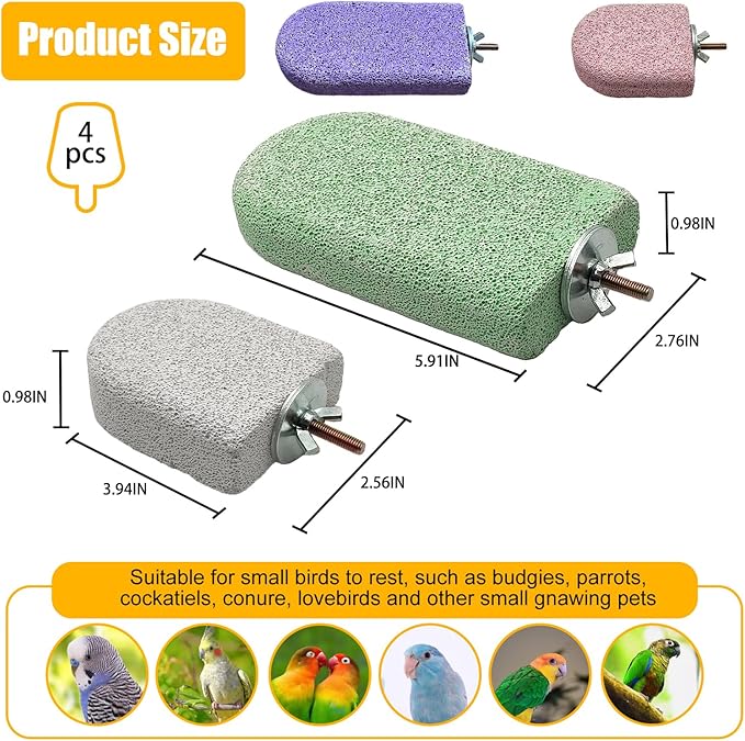 4 PCS Bird Beak Grinding Stone,Bird Perch Stands,Parrot Calcium Perch Platform,Parakeet Pumice Lava Beak Grinding Block Claws Trimmer Climbing Chewing Toys for Budgie Cockatiel Conure Lovebird