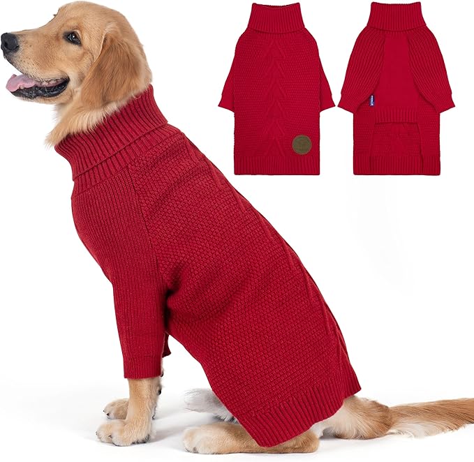 cyeollo 3XL Dog Christmas Sweaters for Large Dogs Girl, Stretchy & Cozy Warm Knit Doggy Sweater with Sleeves Turtleneck Fall Winter Cold Weather Big Dog Clothes Like Doberman Labrador, Red XXXL