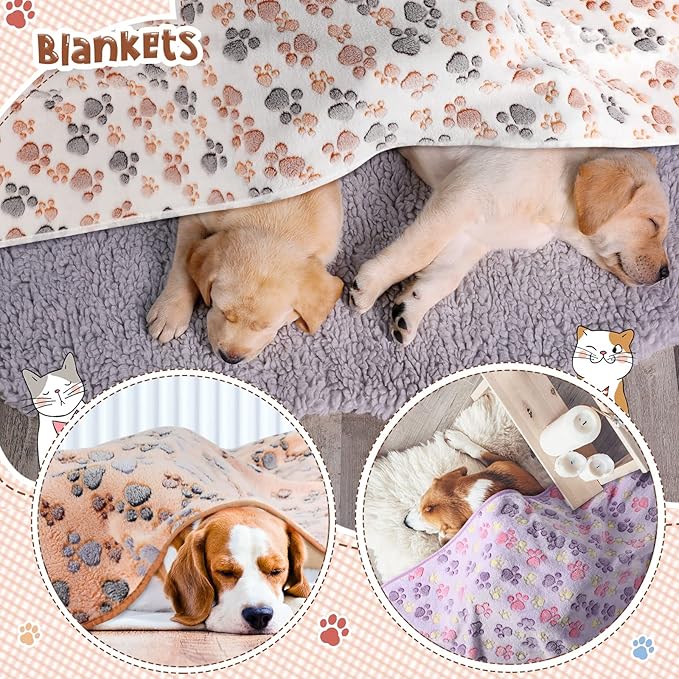 Tatuo 4 Pack Fleece Dog Blankets for Puppy Cats Multi-Size Sleep Mat for Pet Guinea Pig Soft Washable Warm Crate Bed Puppy Teething Toys Print Pattern Blanket Indoor(Mixed Color,40 x 63 Inch,Paw)
