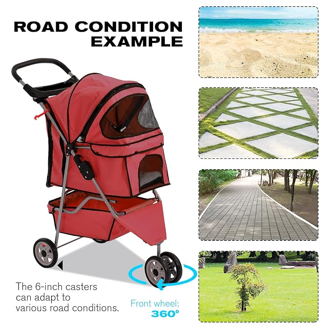 HCY Folding Dog Stroller, 3 Wheels Cat Strollers Pet Gear for Small Medium Cats Dogs Puppy with Storage Basket, Cup Holder,Lightweight-Red, 35.04 inch x17.32 inch x38.58 inch
