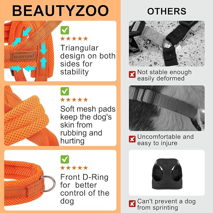 BEAUTYZOO No Pull Dog Harness Medium Sized Dog, Breathable Mesh Padded Dog Harness and Leash Set, Adjustable Reflective Escape Proof Dog Vest Harnessss Quick Fit for Training Walking, Orange M