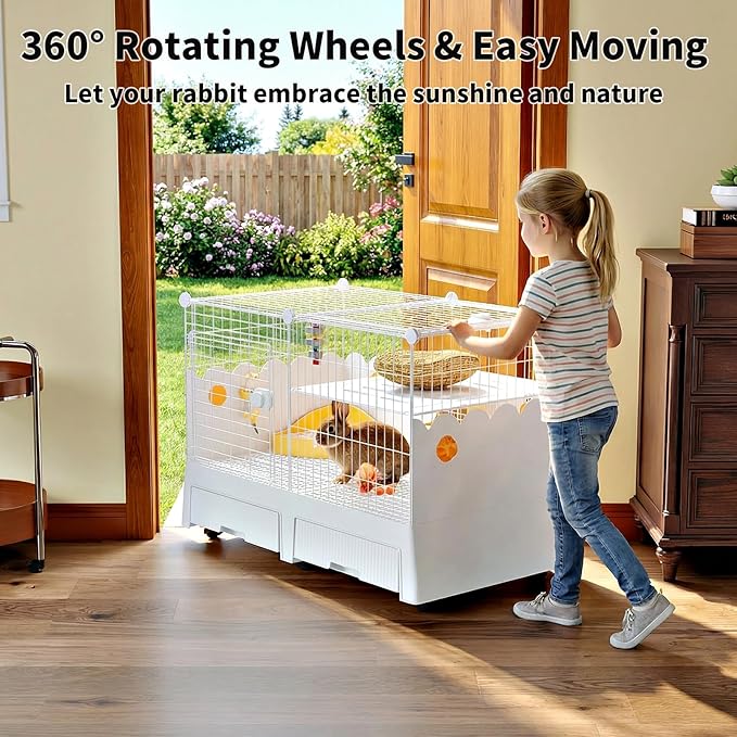 Oneluck Large Rabbit Cage Indoor,2-Story Bunny Hutch with Rasied Urine-Proof Walls, Leak-Proof Trays, Wheels,37" L x22 W x 30" H for Rabbits, Chinchillas, Guinea Pig and Small Animals